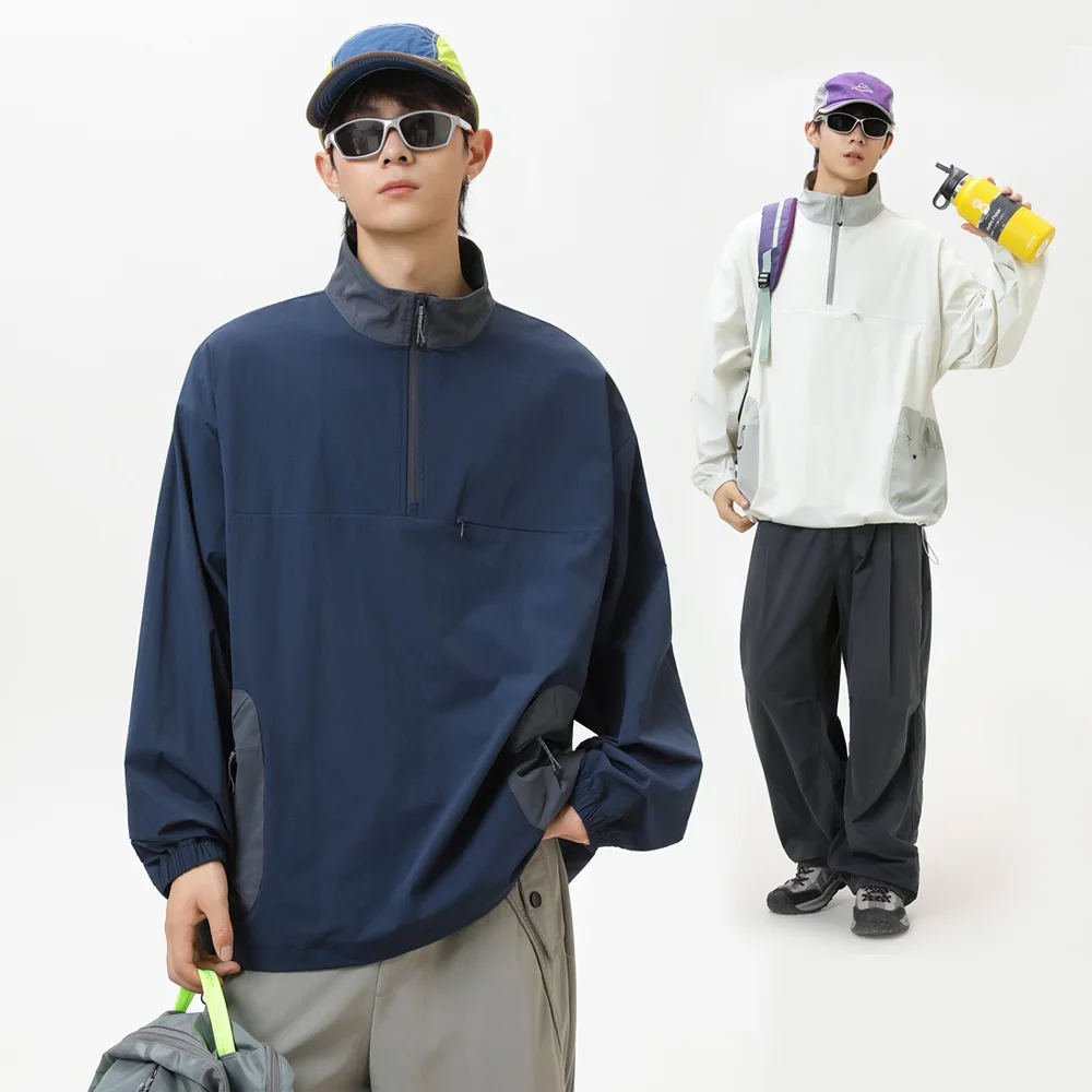 Women Men Outdoor Lightweight Zipper Stand Collar Long Sleeve Loose Casual Pullover Sports Cargo Shirts Tops Cityboy Tshirt