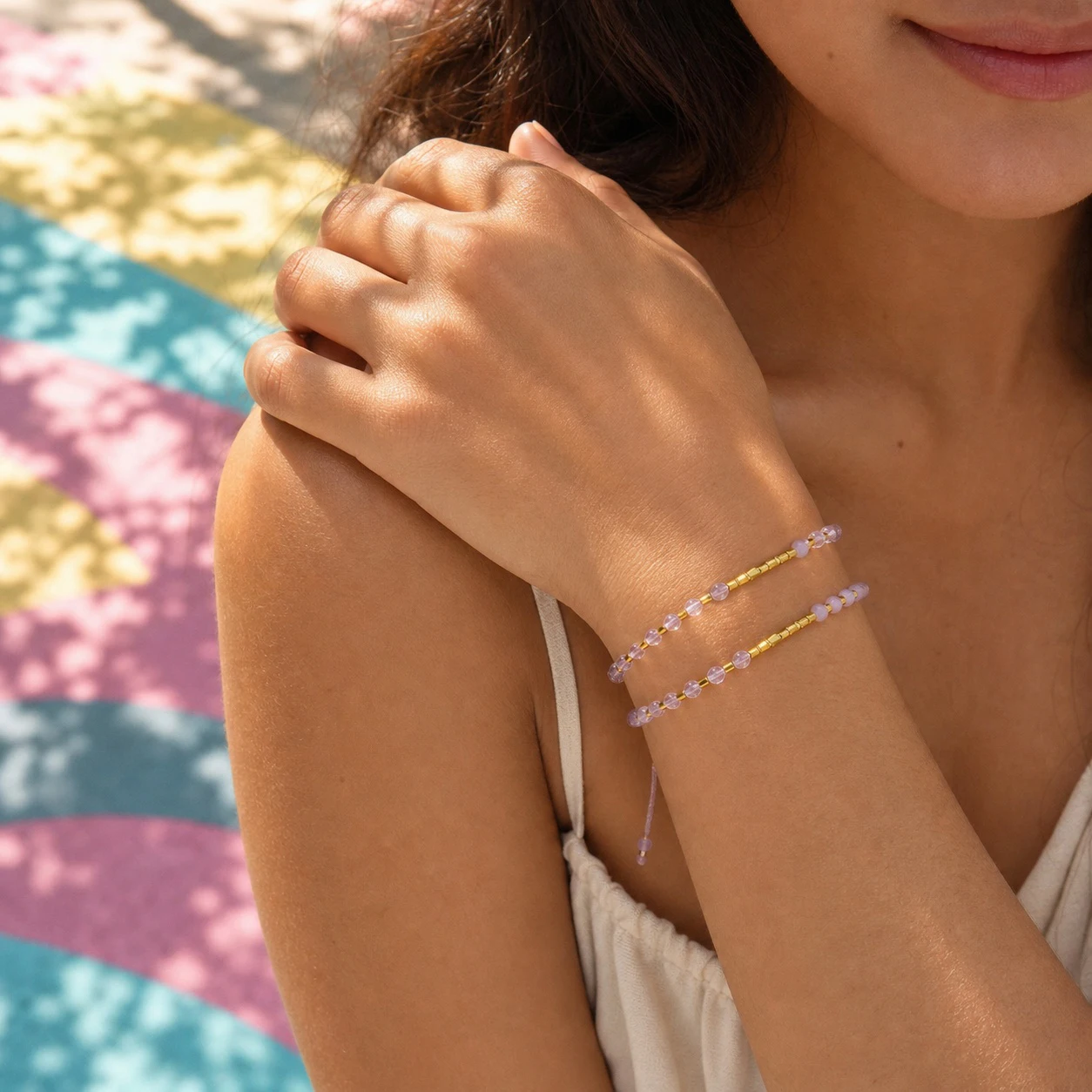 2pcs Purple Glass Round Beaded Adjustable Tie Bracelet with Gold Color Accents, Layered Sweet Romantic Style for Women