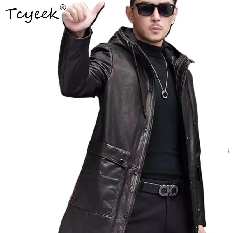 

Tcyeek Верхний слой из коровьей кожи со съемной внутренней подкладкой, осень-зима, черная мужская куртка из натуральной кожи с капюшоном Куртка Кожаная Мужская