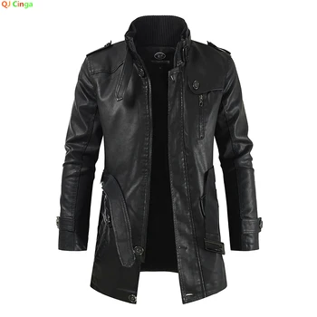 Winter Mannen Dikke Fleece Leren Jas Jas Lange Uitloper Fashion Warm Casual Vintage Kleding Voor Mannen Steampunk Biker Jaqueta