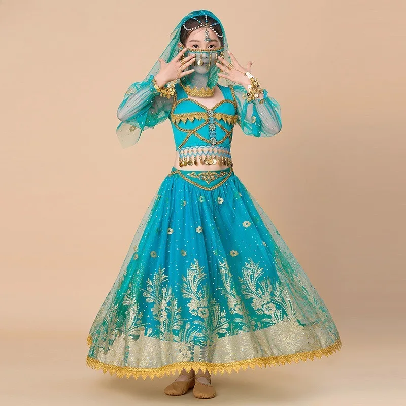 Vestido de dança indiana infantil personalizado, vestido de performance para meninas, roupas de dança do ventre, conjunto de vestido de princesa jasmim exótico