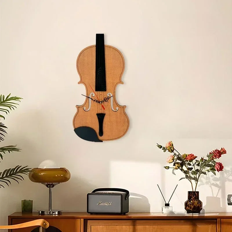 Wooden Violin Wall Clocks Luxury Digital Elegant Silent Clocks Wall Nordic Quartz Clock Large Stylish Watches Home Decoration