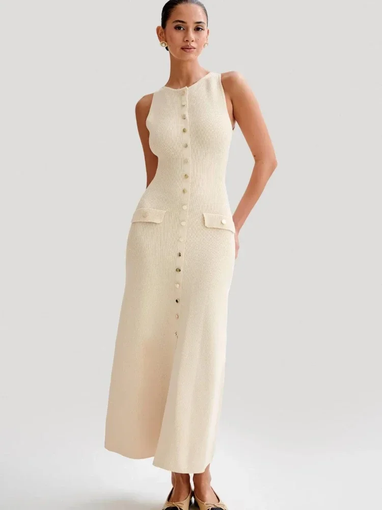 CPSYMYM Elegante Lady lavorato a maglia monopetto abiti lunghi donna solido senza maniche o collo bottone aderente partito abiti femminili