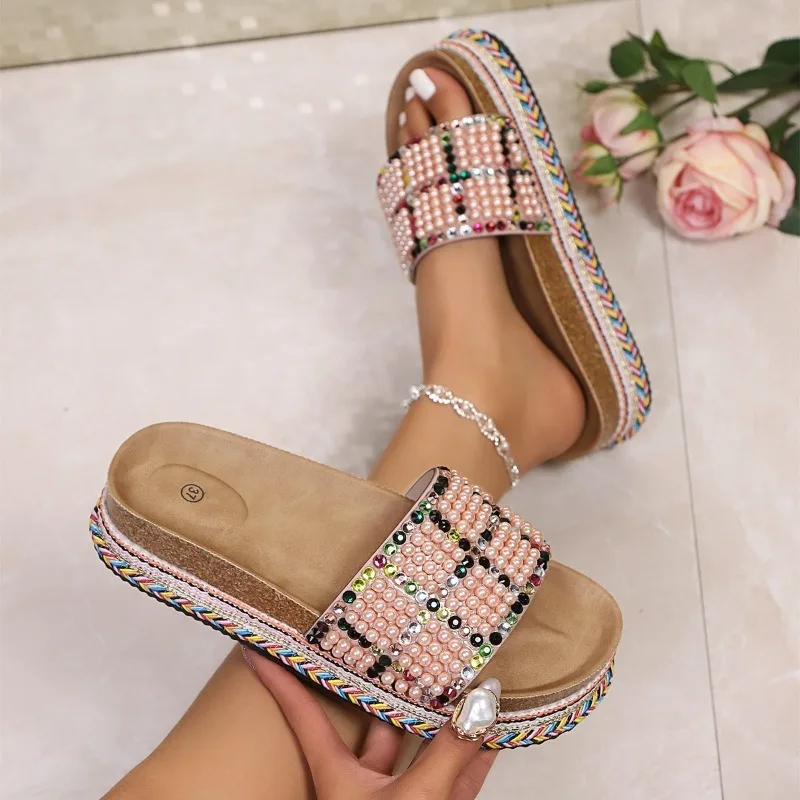 Fashion Ethnic Style Thick Soled Women's Sandals 2026 New Rhinestone Decor Comfortable Non Slip Women Shoes Сандалии Для Девочек