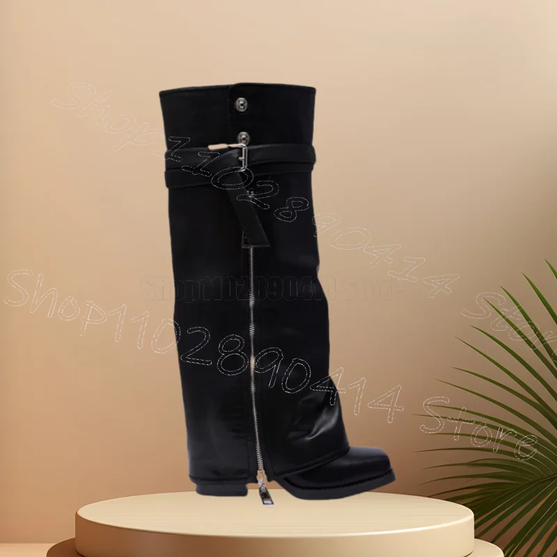 

Black Belt Fastener Turned Over Zipper Decor Boots Slip On Women Shoes Chunky High Heels Party Dating 2025 Zapatos Para Mujere