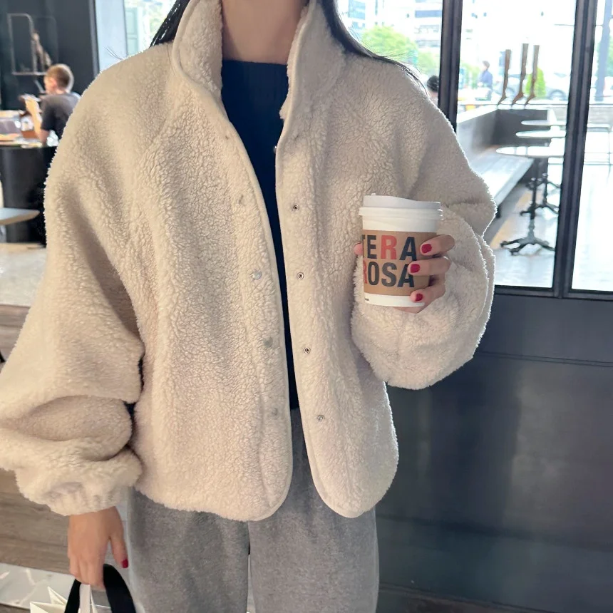 

Korean Sle Retro Versatile Lazy Sle Warm Coat Women's Faion Stand Collar Single Button Small Size Lamb Fur Jaet