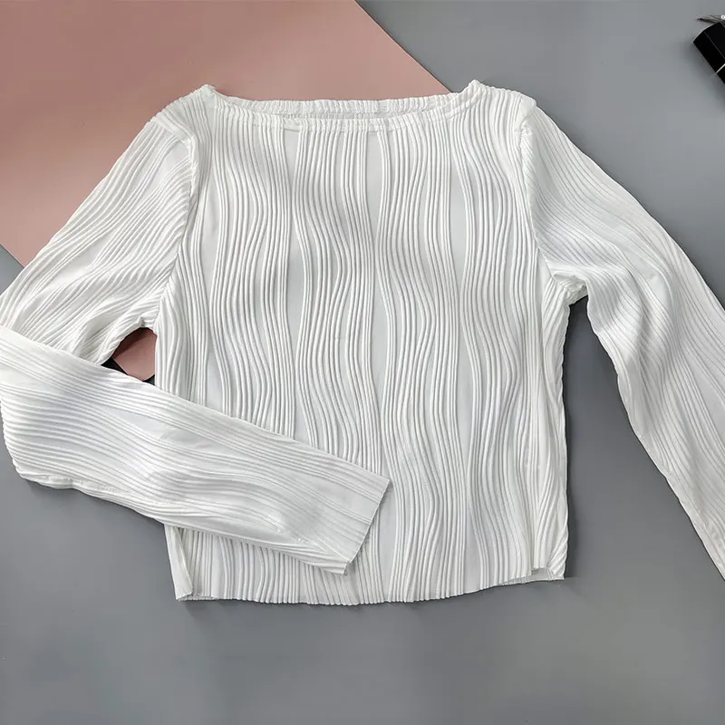 2023 Spring Ruched Long Sleeve T Shirts Women Casual White Skinny Black Basic Tee Fashion Street Cropped Top Y2K Clothes