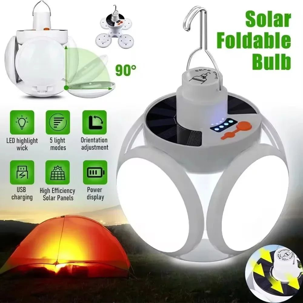 Solar Rechargeable LED Camping Light Four-Sided Foldable Lamp Large Lighting Area Hanging Lantern for Outdoor Camping Tent Yard