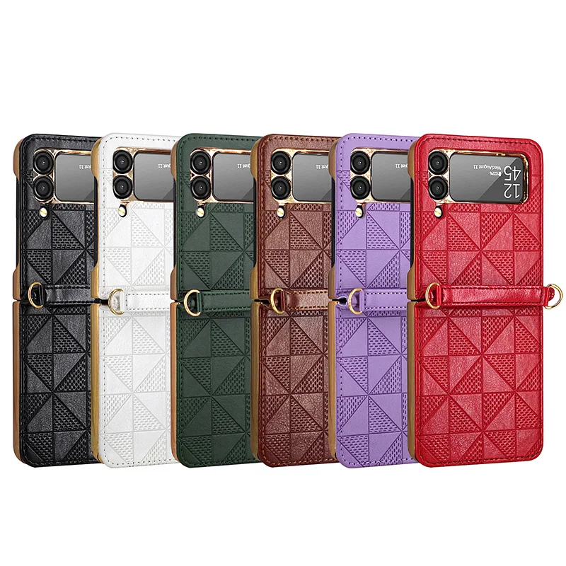 PU Leather Flip Phone Case For Samsung Galaxy Z Fold Flip 4 3 2 5G 4G With Wrist Strap & Chain Shockproof Protective Cover New
