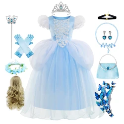 Vestido de princesa de malla de encaje de Cenicienta para niños, traje de baile azul, ropa de Cosplay de reina de cumpleaños, vestidos abombados, novedad