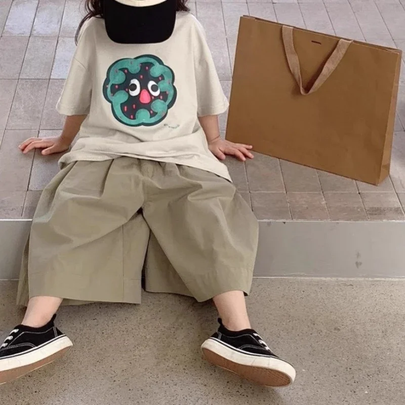 

2025 Children's Summer New Thin Khaki Green Cotton Breathable Versatile Cropped Pants