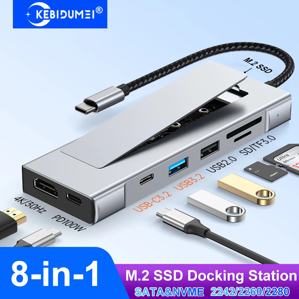 

Док-станция M.2 SSD 8-в-1 с функцией хранения дисков USB-концентратор SATA + NVME USB C-концентратор 4K30 Гц/10 Гбит/с/100 Вт для ноутбука Macbook Pro