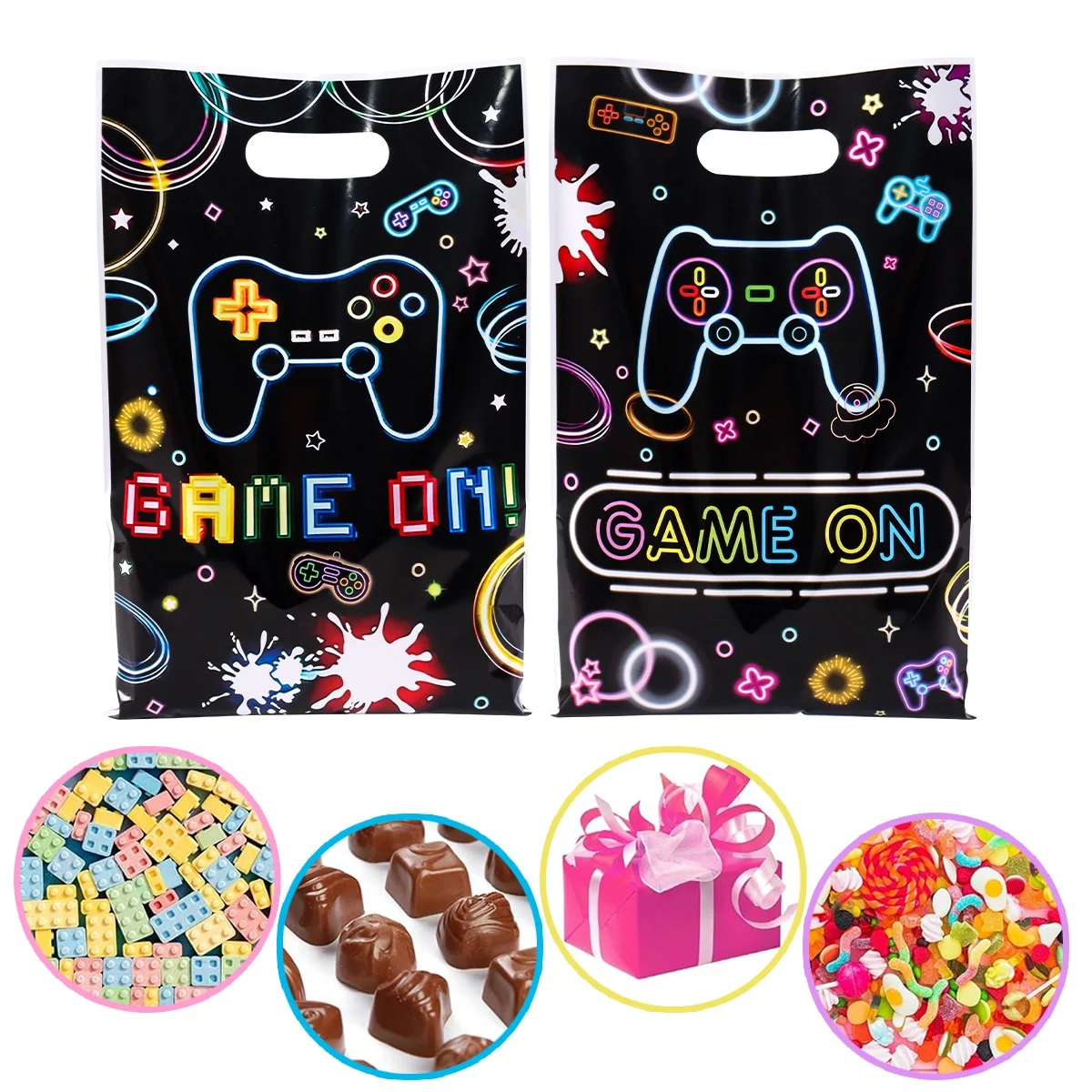 10/20/50 Stück Geschenktüten mit Gaming-Thema, fluoreszierendes Game-on-Design, Plastiktüten für Familientreffen, Geburtstagsfeier-Dekoration – Detail 1