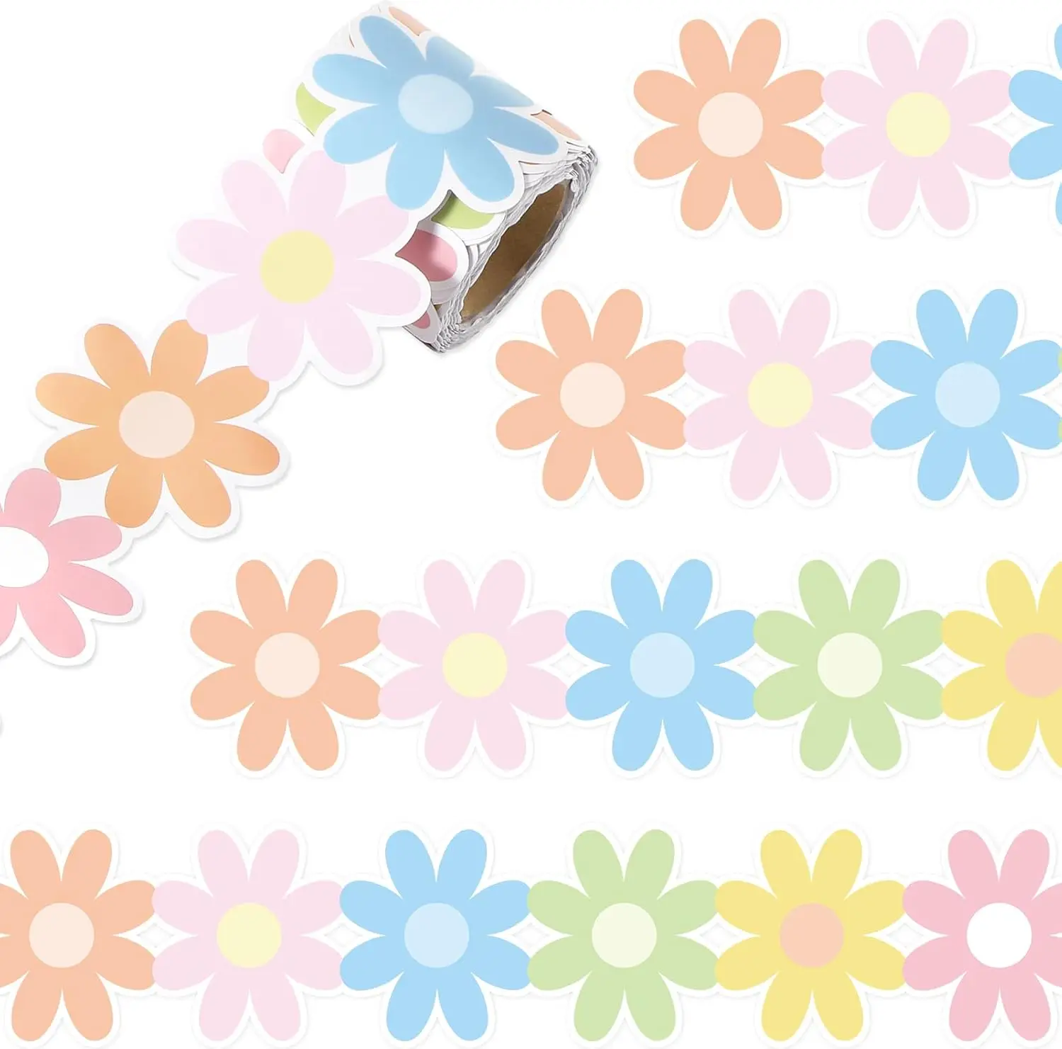 Daisy Flower Bulletin Board Border Decoration Pastel Floral Die-Cut Rolled Borders Trim Cutout For Summer School Office Wall