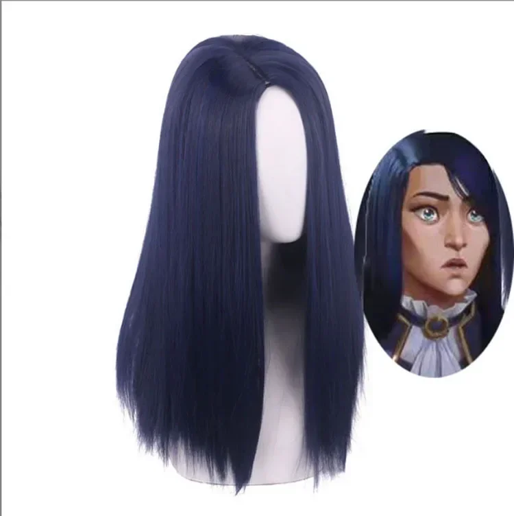 Anime Arcane Caitlyn peruka do cosplay ciemnoniebieskie długie proste żaroodporne włosy syntetyczne szeryf z Piltover peruki Cos