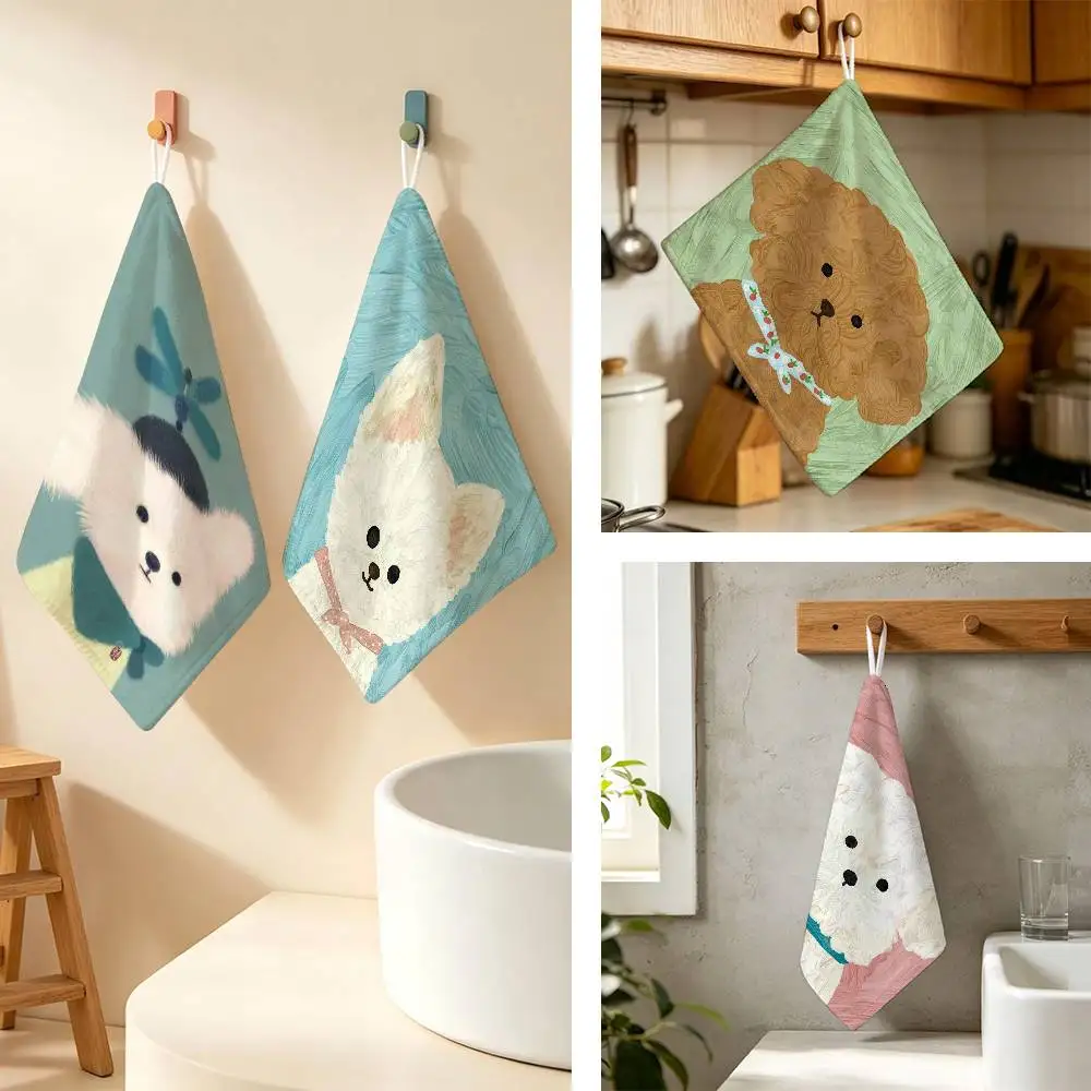 Cute cartoon art scribbled puppy dog art Household Hanging Towel Polyester Cotton Hand Wiping Towel Sturdy For Bathroom Bedroom