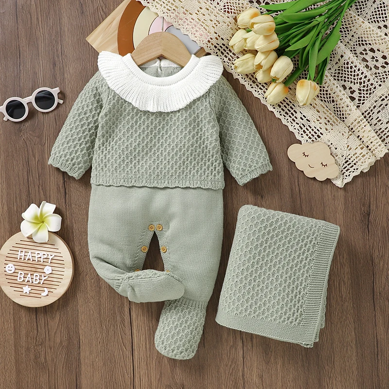 Newborn Baby Romper Blanket Sets Knit Girl Infant Clothes Quilt Long Sleeve Autumn Toddler Boys Jumpsuit Plaid 2PC Fashion Solid