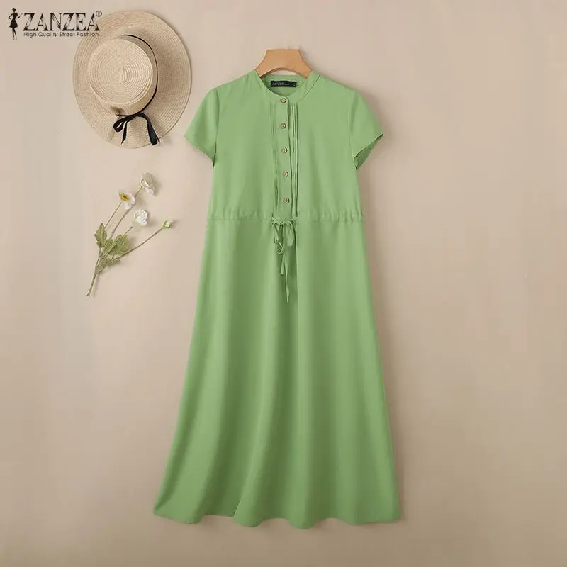 ZANZEA été femmes décontracté a-ligne robes mi-longues à manches courtes taille haute cordon couleur unie robe tous les jours femme vêtements 3XL