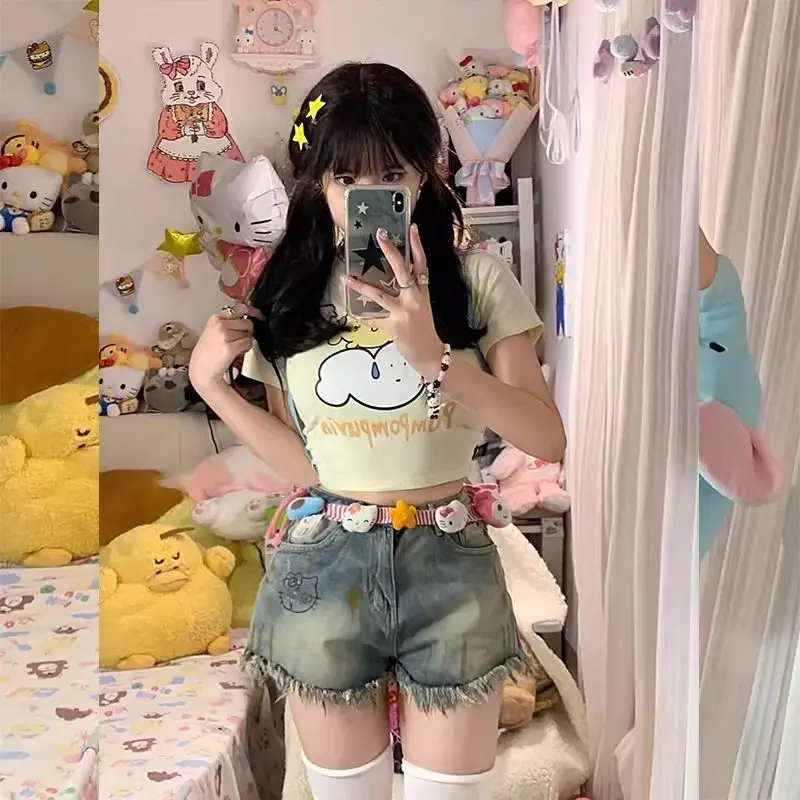 سانريو مرحبا كيتي أنيمي النمط الأمريكي الصيف الرجعية السراويل عالية الخصر اليابانية الحلو لطيف فتاة الترفيه واسعة الساقين الدنيم السراويل #3