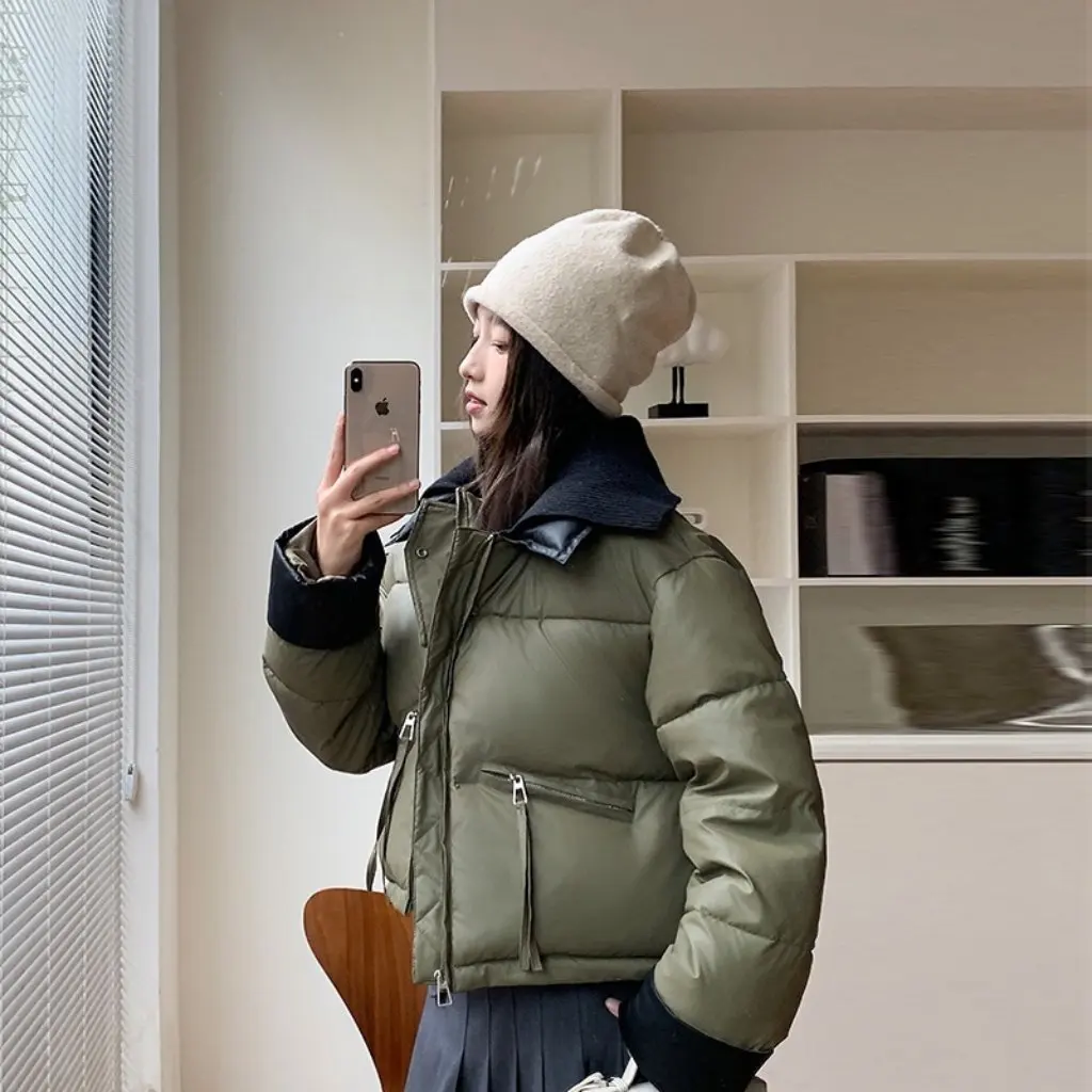 

Women's Knitted Short Down Cotton Jacket PU Leather Patchwork Collar Winter Coat Warm Casual Outerwear Cotton Padded Vest