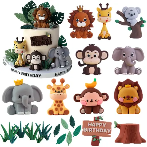 New Forest Jungle Animals Cake Decorations Zoo Animals Lion Giraffe Elephant Monkey Cake Toppers Kids Birthday Party Supplies