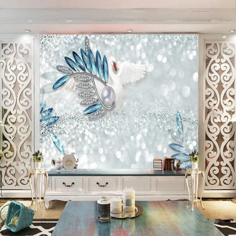 Modern simple and elegant 3d blue dreamy galaxy jewelry swan TV Luxurious home decoration background wall painting