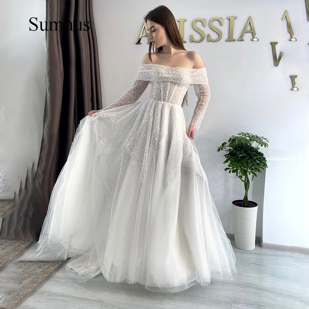 

Sumnus White Glitter Wedding Dresses Off Shoulder Side Split Draped Tulle Long Wedding Bride Dress Customized Bridal Gowns