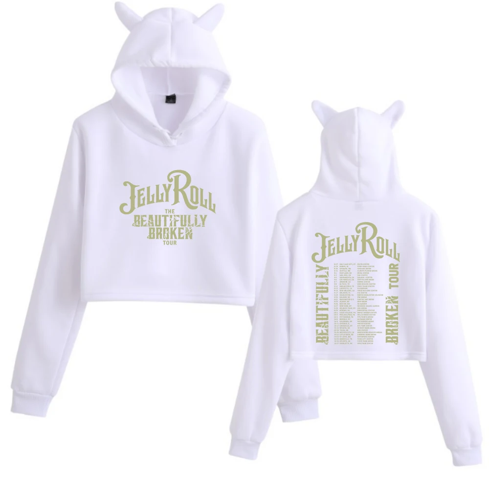 Jelly Roll 2024 The Beautifully Broken Tour Cat Ears Long Sleeve Crop Tops Girls Fashion Hoodie