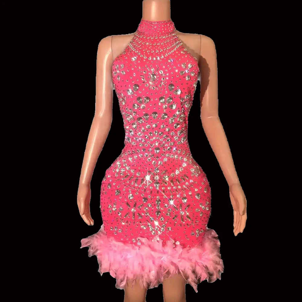 

Shiny Sequins Feathers Backless Rhinestone Short Dress Women Sexy Evening Celebrate Birthday Dress Club Dance Photo Shoot Gowns