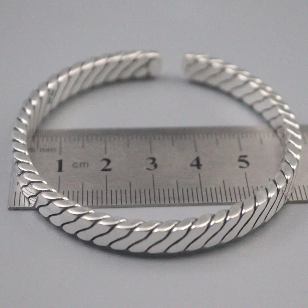 

Solid 999 Fine Silver 7mm Flat Snake-Link Shaped Cuff Open Bangle 2.36inch Dia.