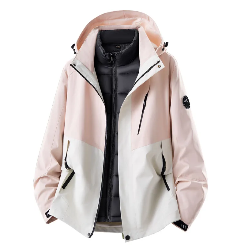 Unisex 3-in-1 Kapuzenjacke mit abnehmbarem, gepolstertem Innenmantel, farblich abgesetzte, wasserdichte, winddichte Jacke mit Reißverschluss für Männer und Frauen zum Wandern und Camping. – Detail 4