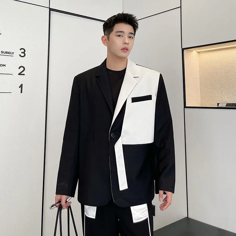 Luxury Light Design Men\'s Suit Jacket 2022 Spring Korean Personalized Color Block Patchwork Oversized Blazer Blet 2Y2230