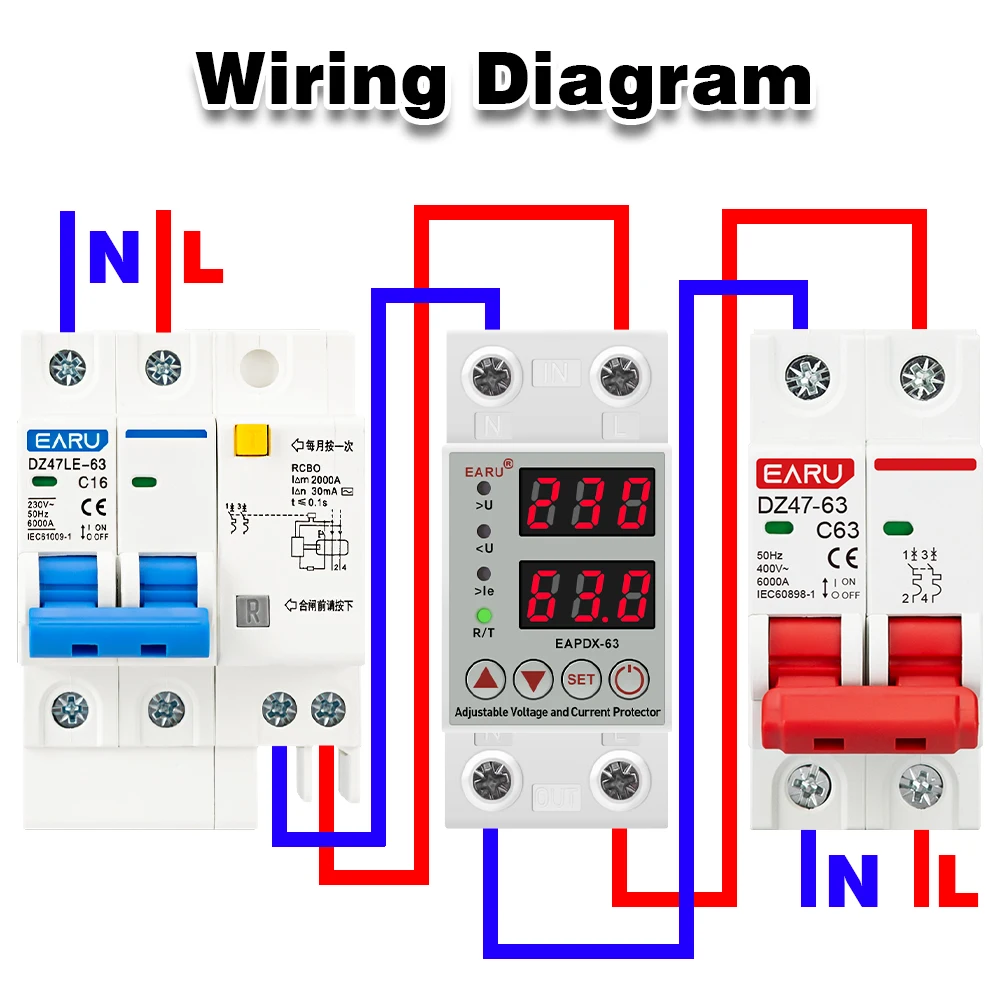 DINレール回路保護リレー,調整可能な過電圧および低電圧,保護リレー40a 63a 80a 220v 230v