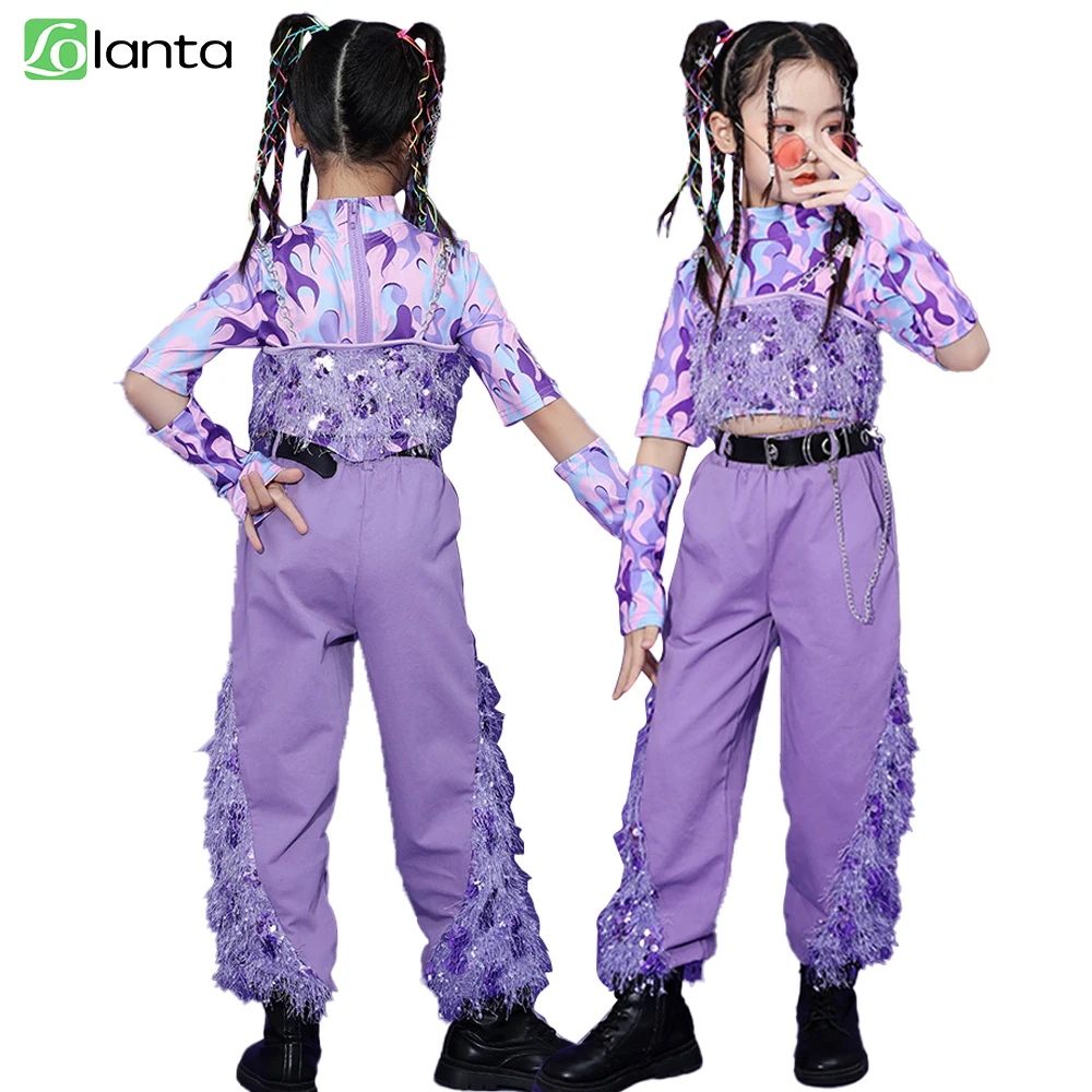 LOlanta-Disfraz de baile para niños y niñas, conjunto de Top y pantalones de lentejuelas, ropa de Jazz de Hip Hop, conjunto de actuación en equipo, púrpura, 4-16 años