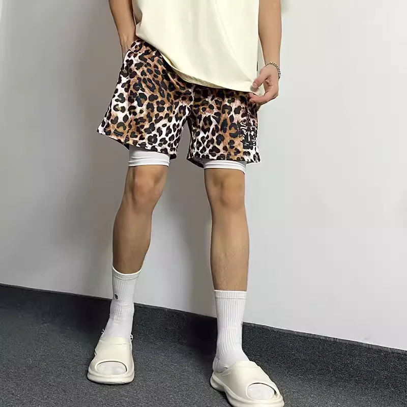 FIMOETERO Fashion Brand Summer Shorts Men\'s Loose Casual Leopard Pattern Shorts Man Running Basketball Sports shorts Men\'s wear