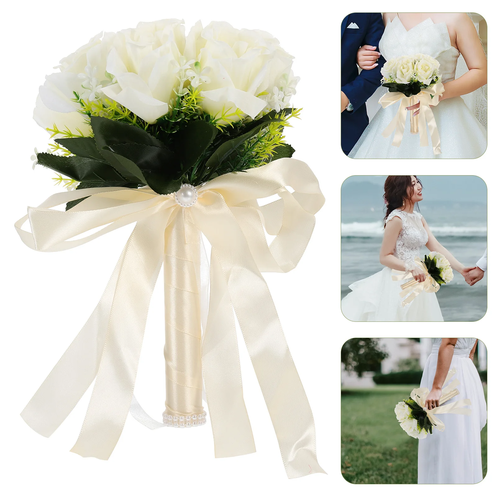 

Bride Holding Flower Bouquet Realistic Simulation Roses DIY Decor for Anniversary Dance Party Home Office Shop Decoration