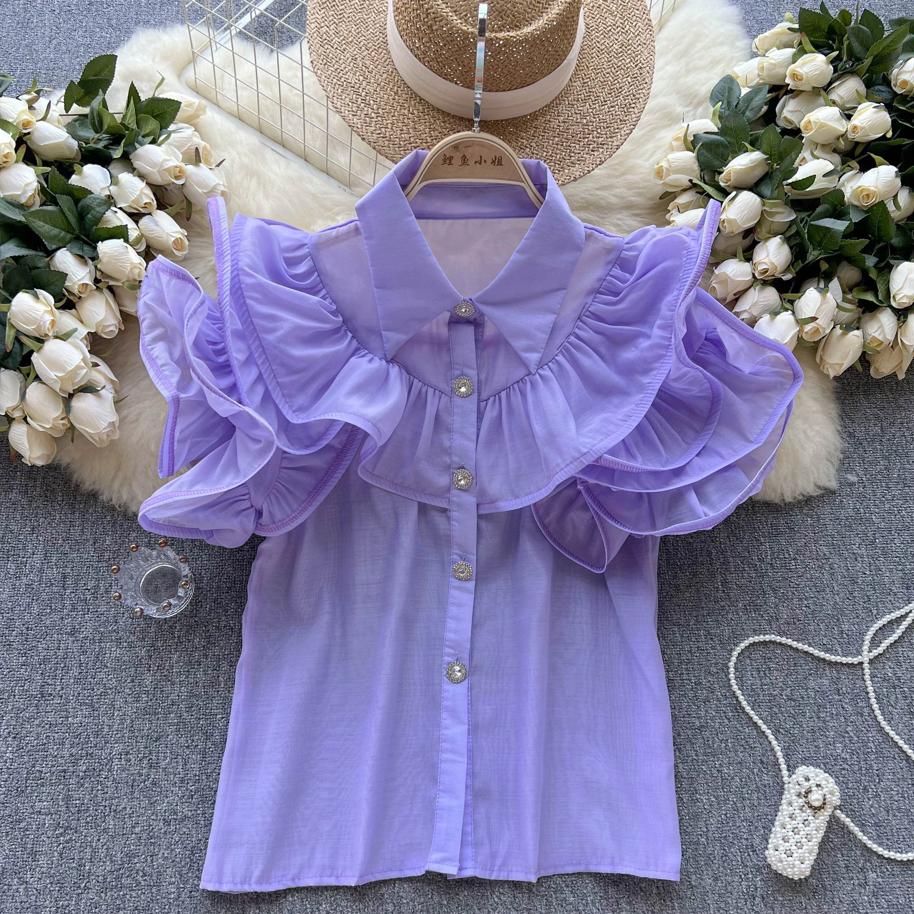 Chic Sweet ruffle Flying sleeve chiffon Blouse Elegant French Fashion loose Shirt  Summer Women basics Top