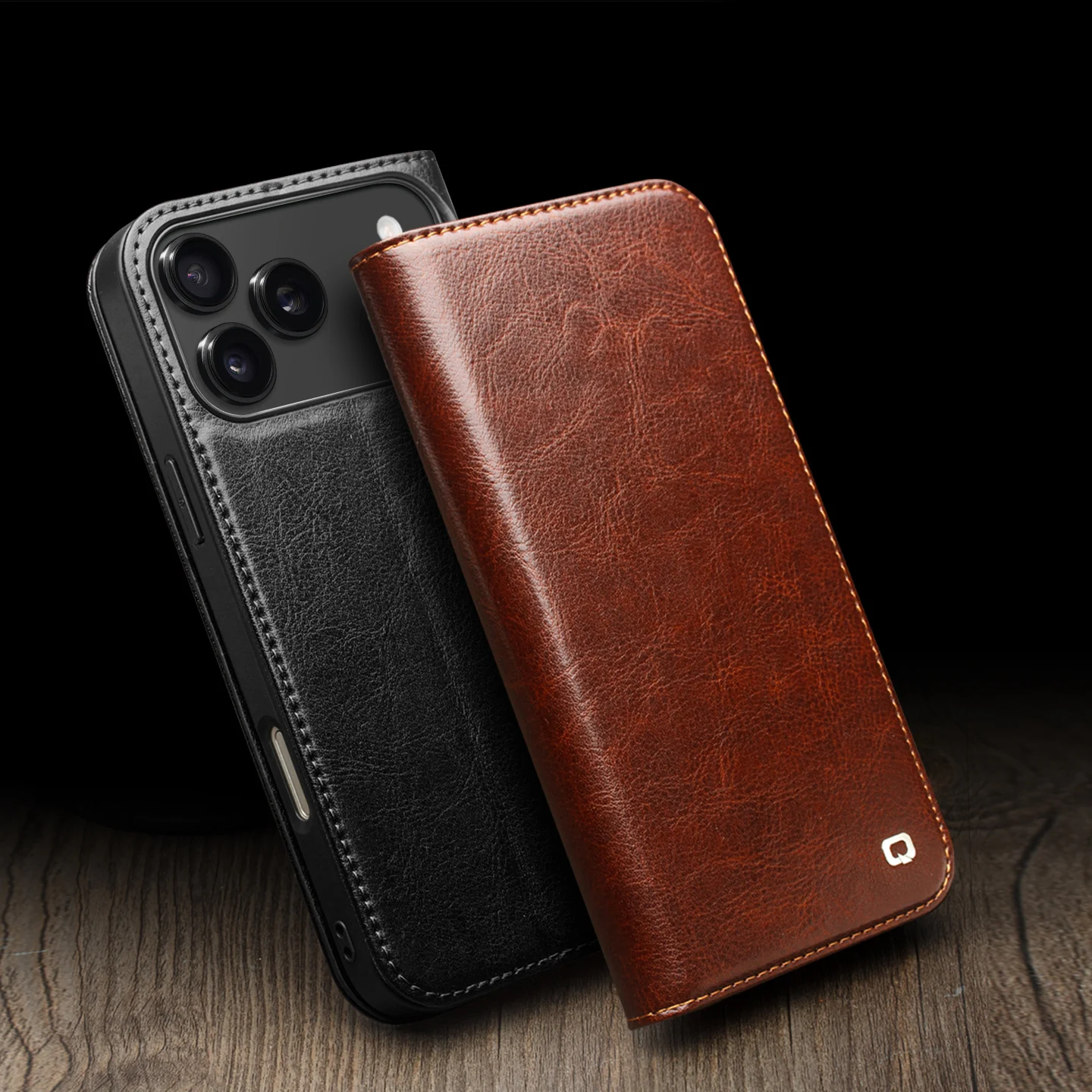 QIALINO Natural Genuine Leather Phone Case for iPhone 18 17 16 15 14 13 12 11 Pro Max Mini Air Plus Premium Cowhide Wallet Cover