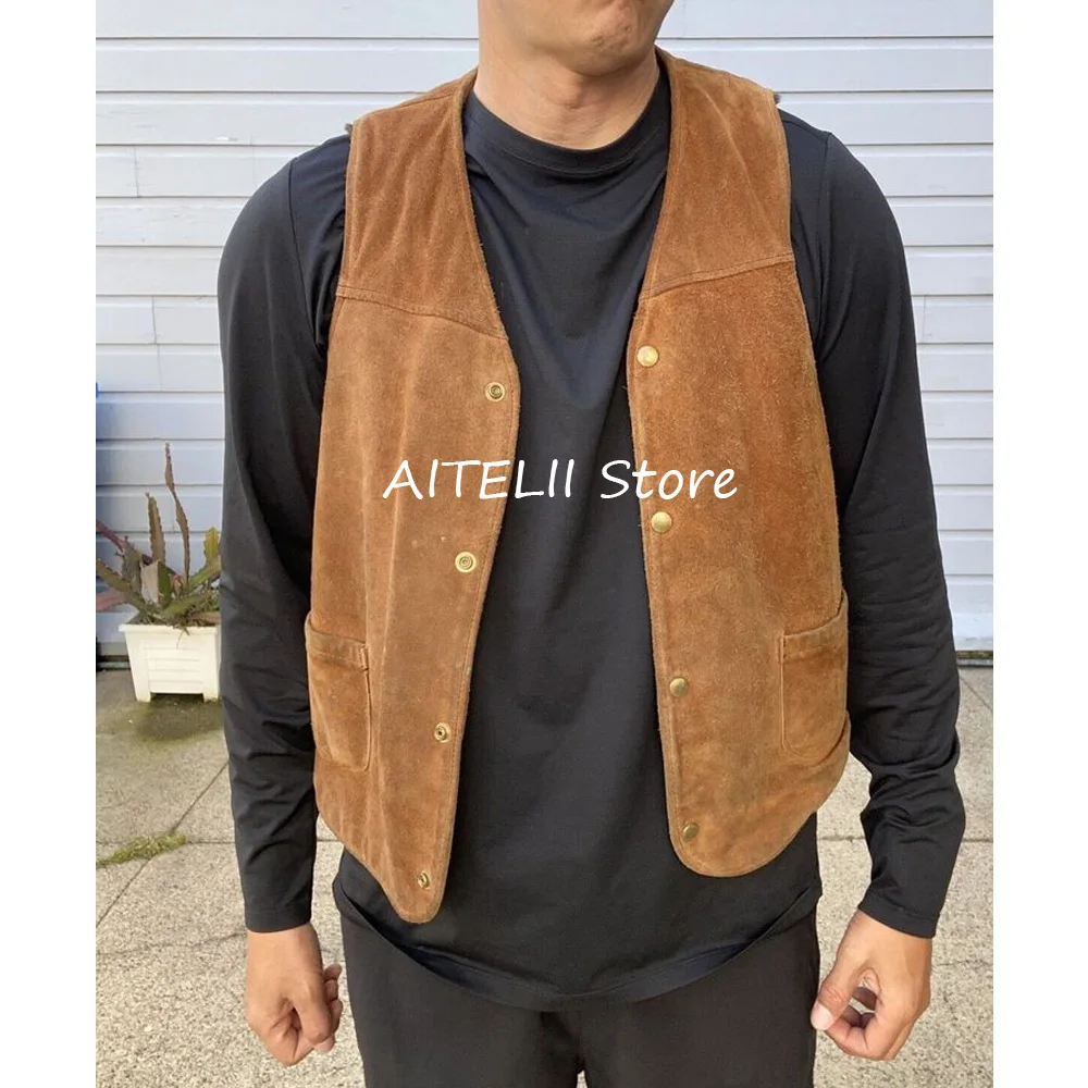 

Gilet Men Suede Fabric Suits Single-breasted Waistcoat for Man Men's Vest Casual Two Pockets Fashion Suit V-neck Working Vests