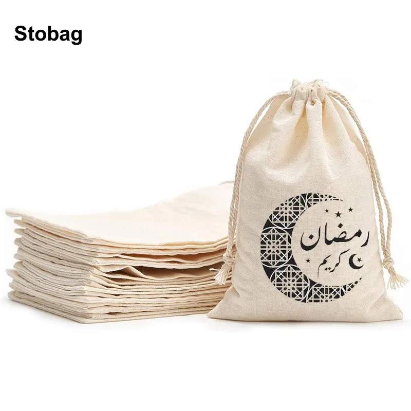 

StoBag 50pcs Wholesale Ramadan Eid Mubarak Cotton Drawstring Bags Small Bundle Pocket Kids Candy Gift Packaging Reusable Pouches