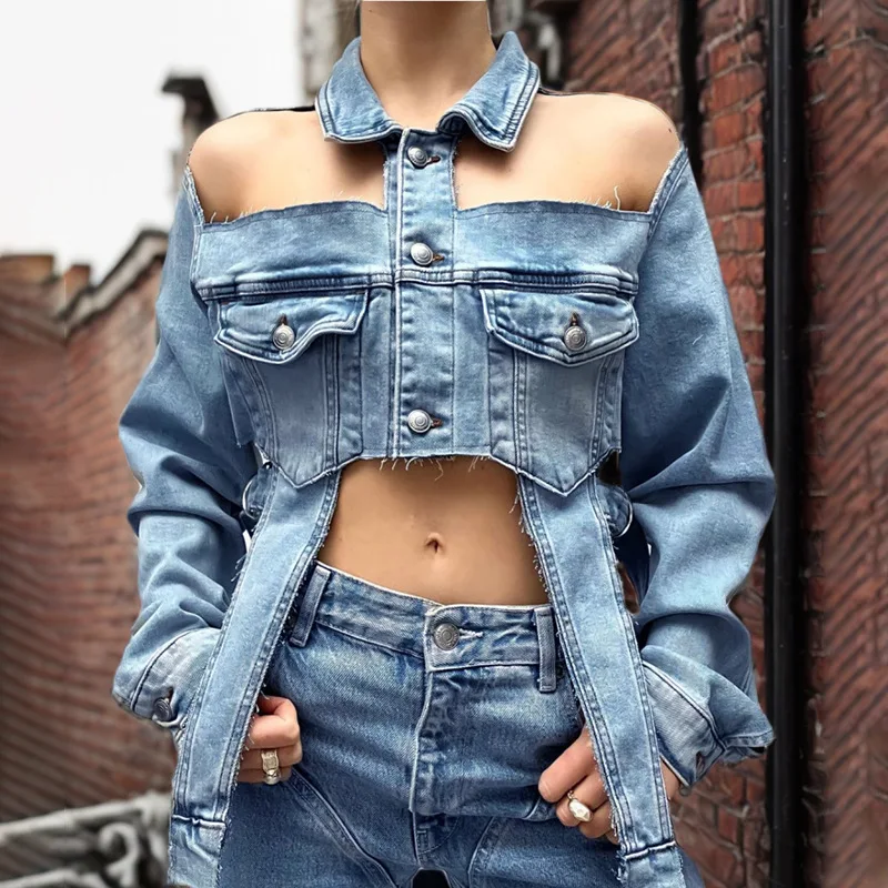 

Fashion Hollow Out Designer Patchwork Denim Jacket Autumn Long Sleeve Hole Crop Top Ribbon Streetwear Club Jean Jackets Outfits