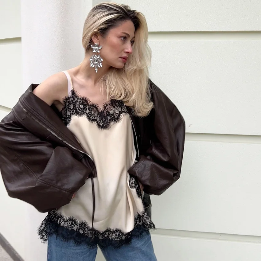 

Linad Sexy Lace Spaghetti Strap Vests Street Chic Satin Camisole For Women Fashion Casual Sleeveless Split Tops Female 2025