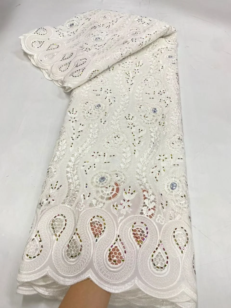 

2026 African Nigerian High-Quality Sequins Cotton Embroidery Lace Fabric Tulle for Luxury Wedding Party Dresses Chiffon 5 Yards