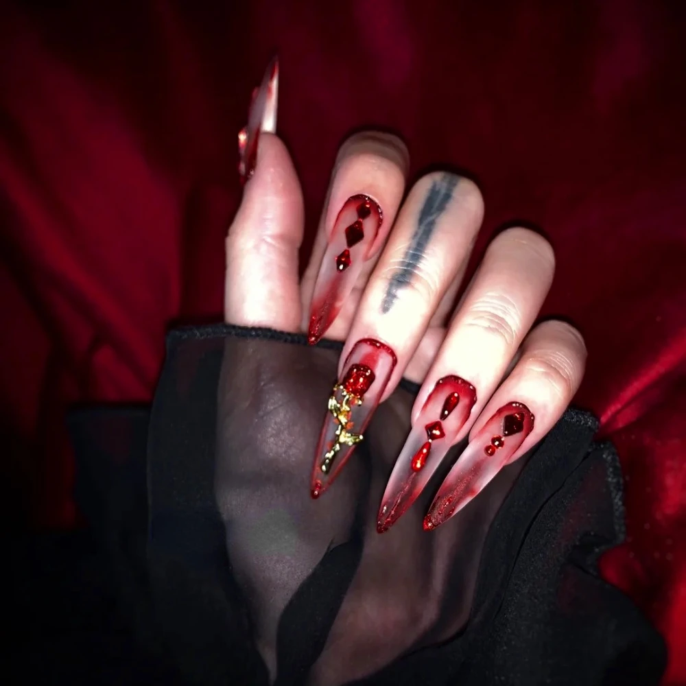 10 Pcs Handmade Luxury Red Diamonds Press On Nails Halloween Long Almond Fake Nails 3D False Nails Design Art DIY Nails with Set