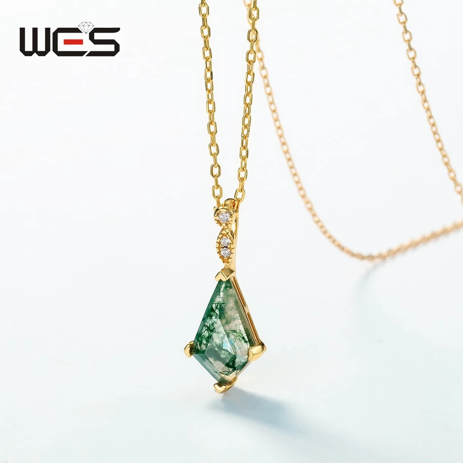 WES 925 Sterling Silver Pendant Necklace for Woman Natural Moss Agate 7*12mm Green Gem Anniversary Gift Fine Jewelry Wholesale