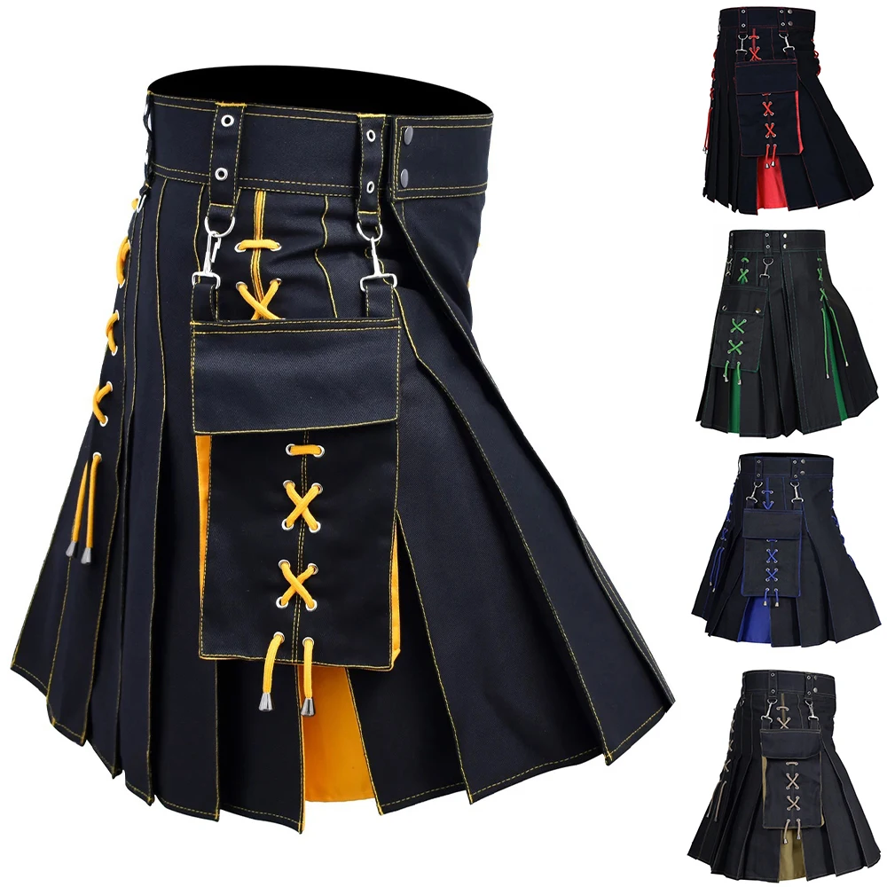 Mens Pocket Tie Rope Scottish Skirt 2024 New Genderless Casual Fashion Medieval Retro Steampunk Contrast Color Skirt Unisex