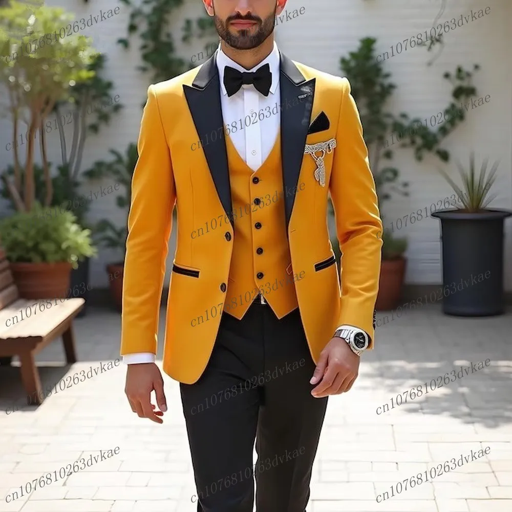 

New Black And Yellow Men Suit Wedding Party Formal Groom Groomsman Prom Business Male Tuxedos 3 Piece Set Jacket Vest Pants