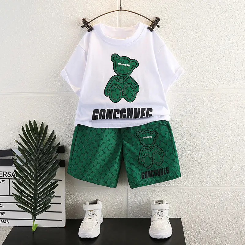 Summer Baby Girl Clothes Kid Boy Cartoon Bear T-Shirts Pants Suit Children Short Sleeve Top and Bottom 2 Pieces Set