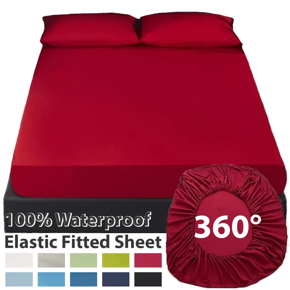 

100% Waterproof Elastic Fitted Sheet, Mattress Cover Bed Fitted Sheet Mattress Bedspread Protector Pads Single/Double/King/Queen