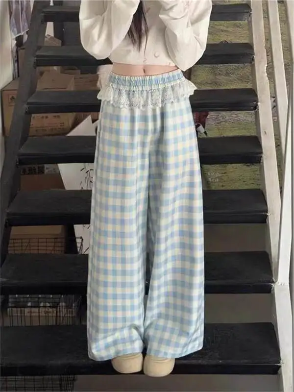 Loose High Waist Straight Leg Pants Women's Wide Leg Pants Spring Autumn New Style Blue Plaid Lace Trim Splicing Trousers